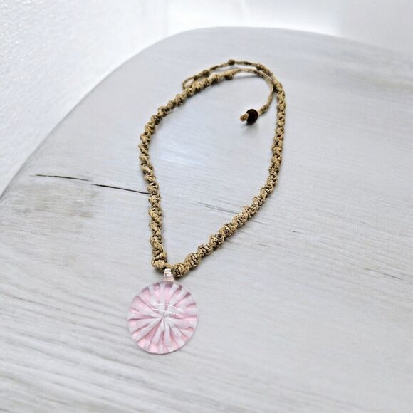 Pink Murano Starburst Necklace Pendant Boho Hemp Chain Art Glass Artisan Flower - Picture 1 of 8